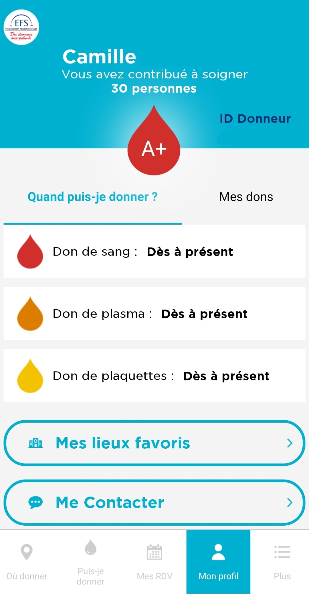 Capture d'écran de l'application Don de sang de l'EFS